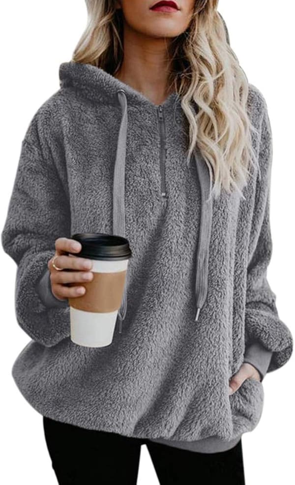 Dame fuzzy hættetrøjer pullover hyggelig oversized lommer hætte