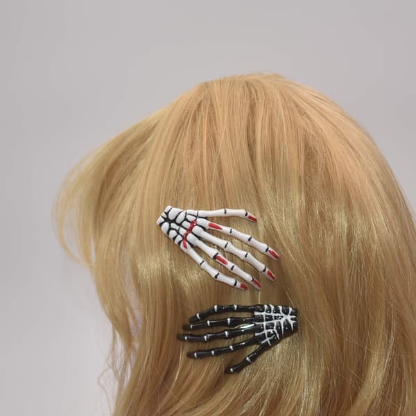 10 Red Nails White and Black Skeleton Hand Bone Shaped Hair Clips