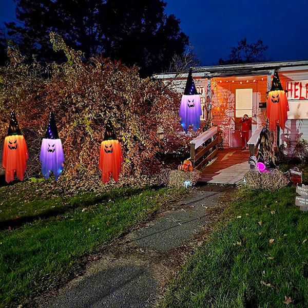 2 st Halloween Dekoration Utomhus Stor Storlek Halloween Ljusa Glödande Spöke Häxhatt Utomhus Prydnader Hängande Spöken Dekoration