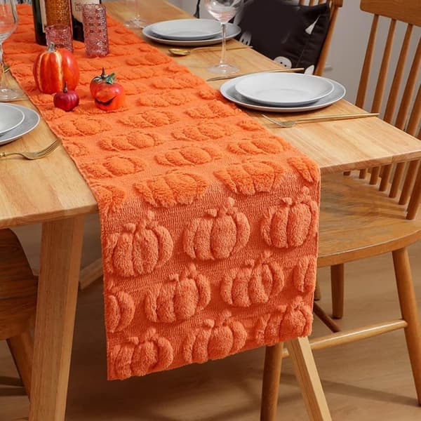 Halloween & Autumn Table Runner - Pumpkin Embroidered Cotton Tablecloth, Washable Long Runner for Dining Table & Home Decor (33x183cm)