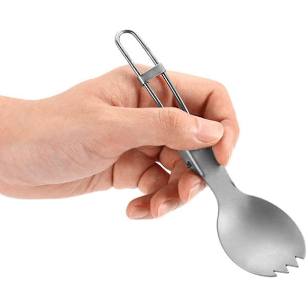 Folding Gaffel og Skje Sett Utendørs Camping Bestikk Bærbar Titan Folding Spork og Skje for Piknik Vandring BBQ Utendørs Reise (2stk, Sølv)
