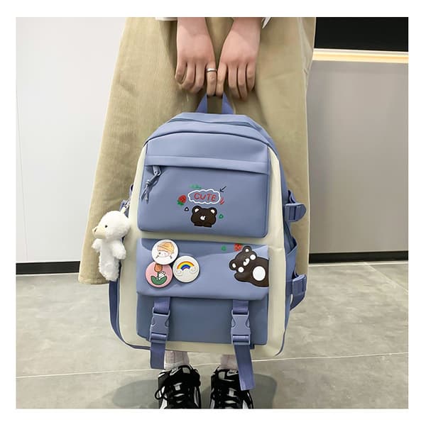 Five-piece School Bag Large Capacity Shoulder Bag Includes Bear Pendant-558 Blue