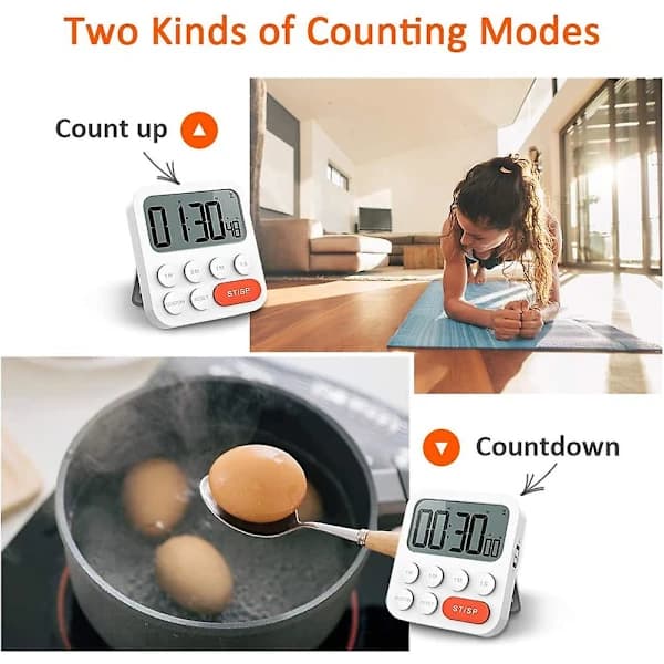 Magnetic Stopwatch Digital Kitchen Timer With Clock, Magnet, 3-Level Volume, LCD Screen For Cooking, Sports And Learning, Includes 2 AAA Batteries
