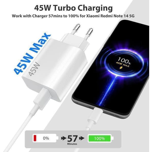 AC-adapter - INGET MÄRKE - 45W - 1m USB-C-kabel 6A - Snabbladdning & dataöverföring - Vit