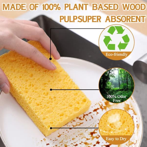 (10-pack) Natural Dishcloths, Reusable Wash Sponges - Compressed Wood Pulp Dishcloth, Dryer, Scratch-Free