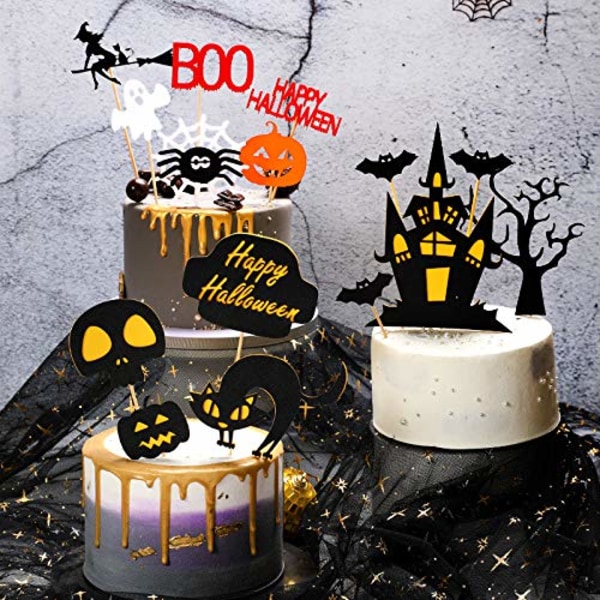 3 sett Happy Halloween Cupcake Toppers med Gresskar Boo Spøkelse Edderkopphatt Katt Kakepinner for Halloween-tema Bursdag