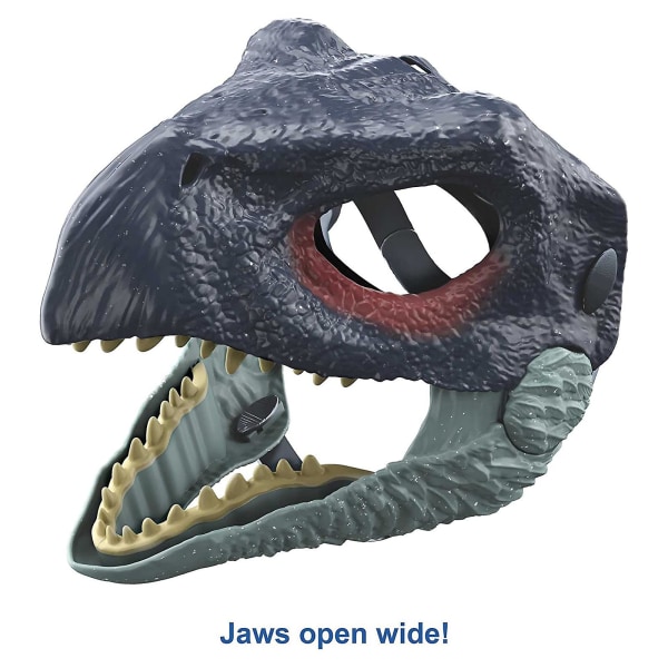 Jurassic Dinosaur-maske med åpen kjeve, øyne og nesebor, og sikkerhetsbelte