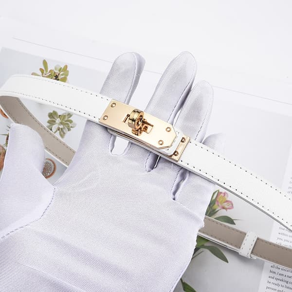 White Slim Leather Strap for Women, Classic Solid Color Alloy Belt