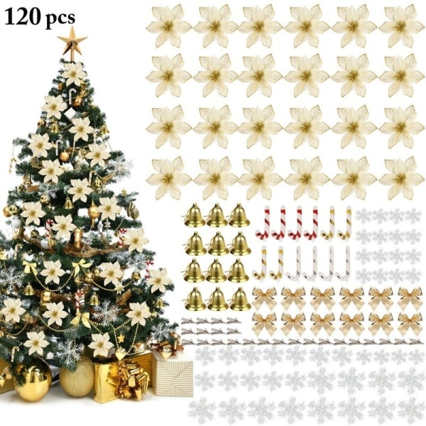 Julgransprydnader Konstgjorda glitterblommor Hängande snöflinga Julkula Candy Cane Star Topper för julgran Dec