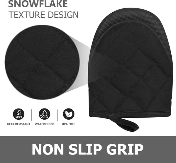 Heat Resistant Mini Oven Mitts with Non-Slip Grip and Hanging Loop for Baking, Cooking, Grilling - Black