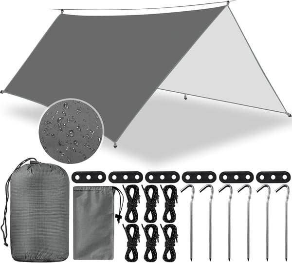 This 3x3 meter waterproof camping tarp is UV protected. It includes 6 tent pegs and 6 ropes. grey grey