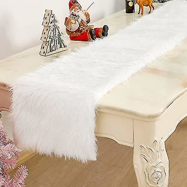 Moderne bordløper laget av fuskepels til jul, bryllup, hvit (30x180 cm)
