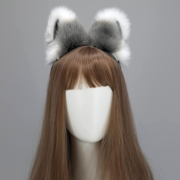Kattulv vaskebjørn ører og halesett, lodne hale av dyr, pannebånd til ører, Halloween-julekostyme-cosplay (hvit+grå)