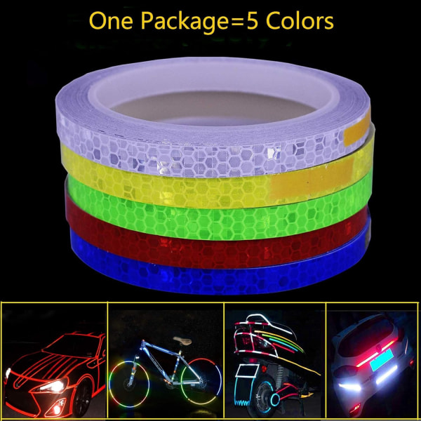 5 Pack heijastinteippiä ulkokäyttöön turvallisuusvaroitusvalotarra Vedenpitävä pyörän heijastinteippi polkupyörän pyörän autoon moottoripyörän tee-se-itse vanteen koristeluun
