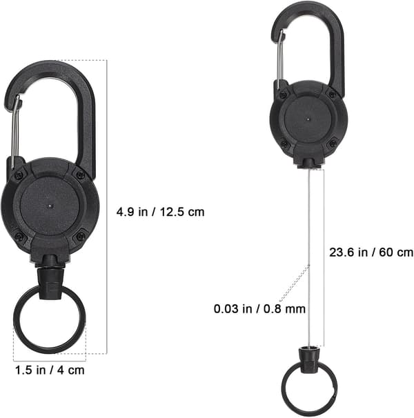 Retractable Keychain Heavy Duty Carabiner Backpack Attachment with Black Steel Wire and White Spring