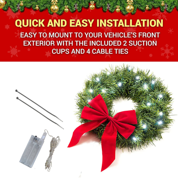 Julekrans til Bil, Lastbil, SUV med LED-lys, Dekoration til Grill, Pynt til Jul, Vinterferie