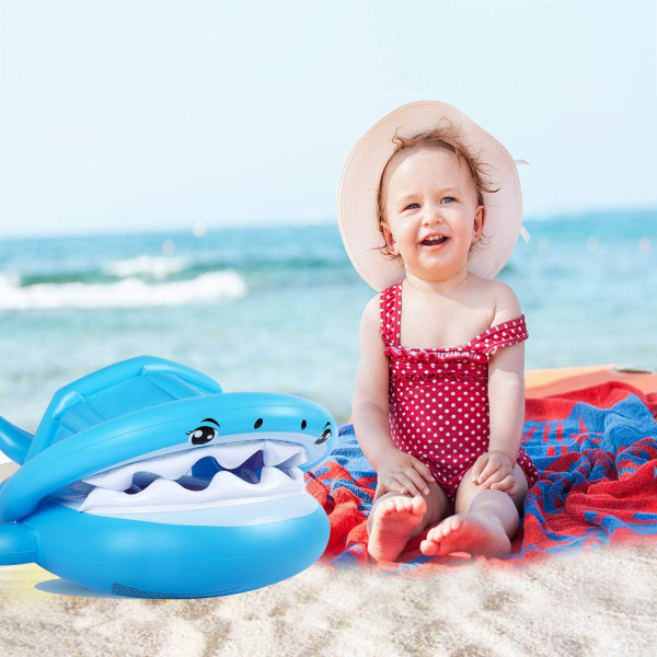 Baby Shark bassengsete flytende svømmering, oppblåsbar barnebassengring med justerbar oppblåsbar baldakin for babyalder (6