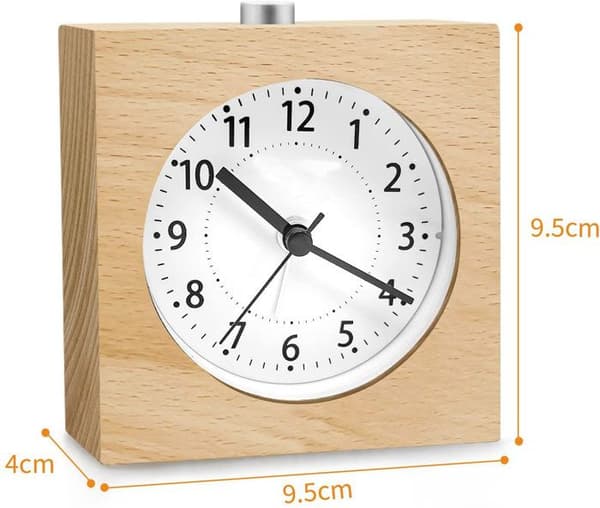 Battery-powered alarm clock with snooze function, wooden travel alarm clock, analog light alarm clock