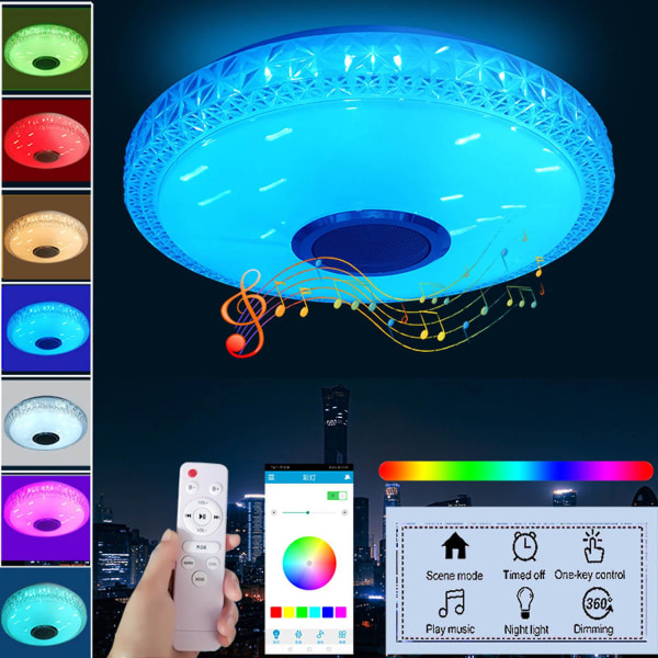 Border Bluetooth Musik Loftlampe Rund 30cm Intelligent App Fjernbetjening Soveværelse Børneværelse White EU