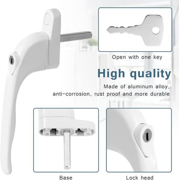 (White) 4 pieces lockable aluminum window handles, window handles with key, security handles for lockable windows and doors, 43 mm spindle length