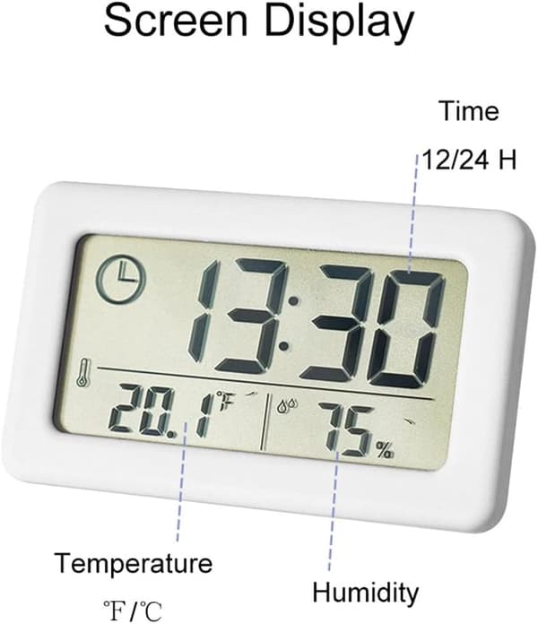Electronic Thermometer Hygrometer, Small Clock with Temperature and Humidity Display (℃/℉), 12/24 Hour Time Switch, Slim Battery