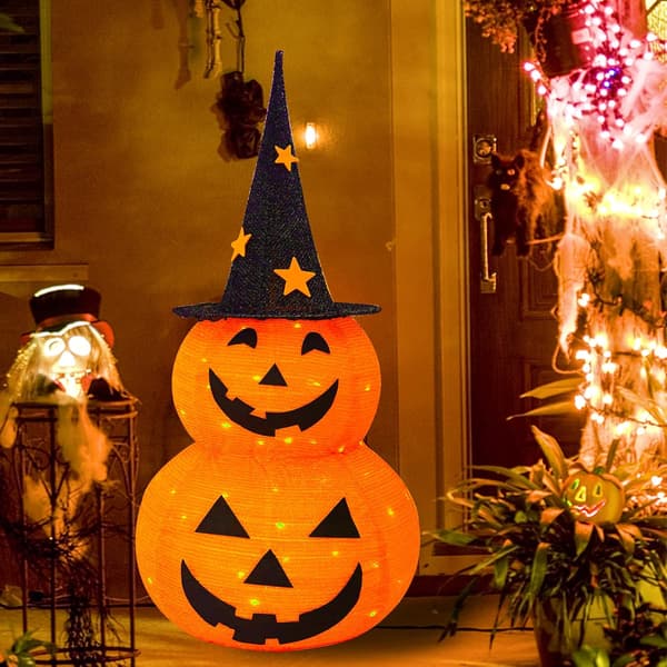 3FT Halloween Foldable Pumpkin Decorations, Light Up 50LED Pumpkin with Star Hat 8 Lighting Modes, Pop Up Jack-o-Lantern with Metal Stand