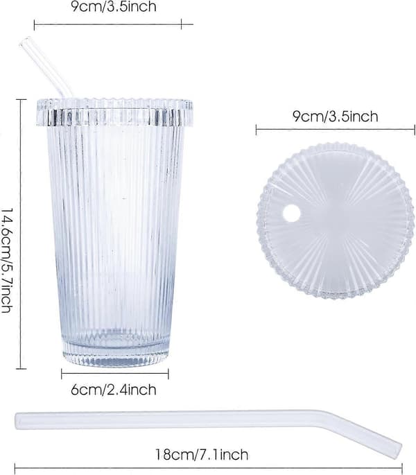 2 st 375ML Ribbade Klara Glasmuggar, Kall Kaffekopp med Lock och Sugrör Dricksglas Set