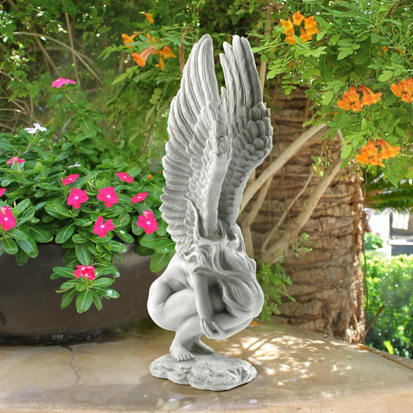 Engel Mindesmærke og Forløsning Religiøs Havefigur, Medium 24 cm, polyresin, antik sten