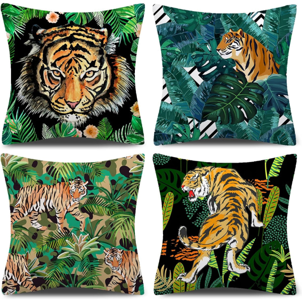 Jungle Tropical Leaf Cushion Cover Set of 4 Decorative Cushion Covers Wild Animal Tiger E Leopard Green Leaves 45x45 cm Decoration