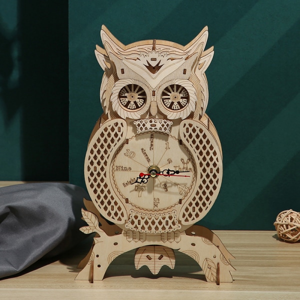 Creative 3D Owl Clock Model Kits, træpuslespil skrivebordsur, praktisk mekanisk træ