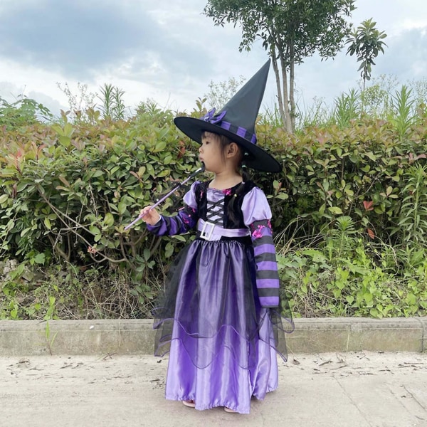 Halloween-heks-kjole med hatt for barn, lilla eventyrheks-kostyme, finstas, XL