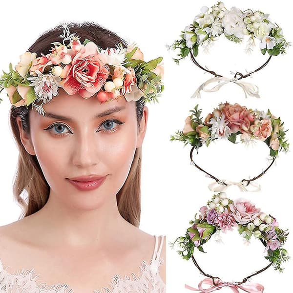 Blomsterkrans Krans Boho Blomster Hodeplagg Bryllup Blomsterkrans Girlander-4 (Hvit)