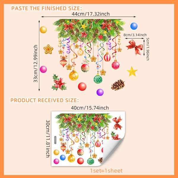 Dekal Klistremerke Vegg Vindu Dør Dekaler Avtakbar med fargerike lys og bånd Klistremerke Sesongmessige Julevindudekorasjoner
