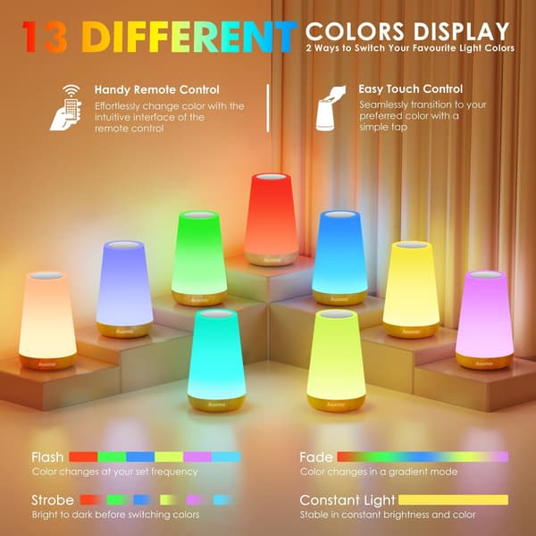 LED Night Light Bedside Lamp Touch and Remote Control Dimmable Table Lamp 13 RGB Colors Change 5 Brightness Adjustable Rechargeable Portable Lamp