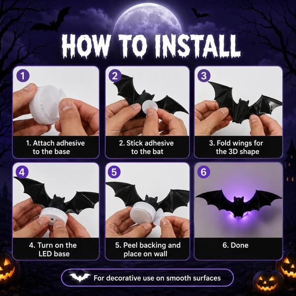 3D LED Luminous Bat Wall Decorations, Halloween Flying Bats Set, 24-piece 24pcs 24pcs