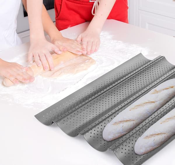 Baguette Bageplade Perforeret Form til Franske Brødlimper til 4 Baguetter (Sølv)-tfrf