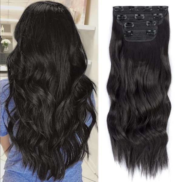 4 stk. Clip-in Lange Myke Glam Waves Tykke Hårdeler 16 tommer Naturlig Svart Brun Hårforlengelse Syntetisk Fiber Dobbel Weft Hår for Kvinner Fullt Hode