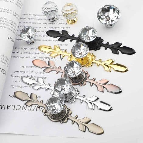 Drawer Handle for Vanity Cabinet - Crystal Glass Handle Adorned with Diamonds and Equipped with a Plate, Black