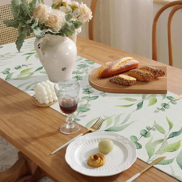 HA~Eucalyptus Leaf Summer Table Runner Sage Green Tablecloth Cotton Linen Seasonal Table Runner, 33x183cm