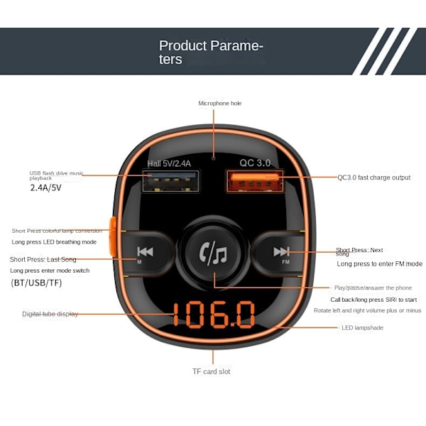 Bluetooth FM-transmitter til bil, radiomodtager/lydadapter med dobbelt biloplader, understøtter opladning