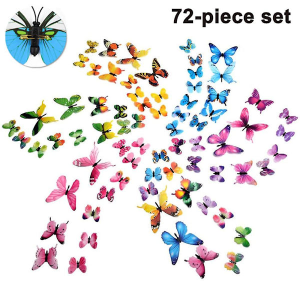 72 stk. Butterfly vægdekorationer 3D sommerfugle dekoration til væg Aftagelig Pin-stil Pin style