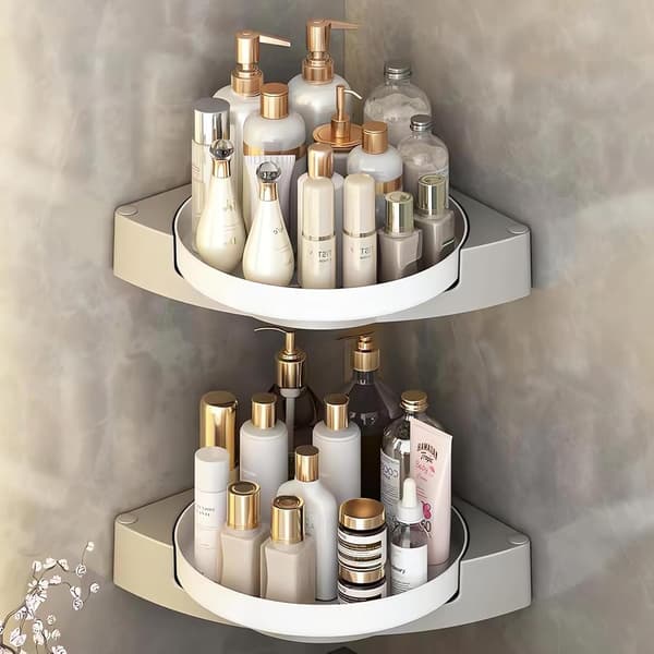 2-piece Corner Shower Caddy 360° Rotating, Drill-Free Adhesive Bathroom Organizer Storage Shelf