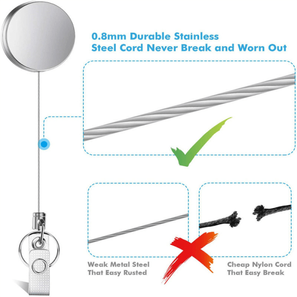 Robust Metal Trækbart Nøglering med Bælteklips, Trækbart, 31,5\" Stålwire, Nøglering Trækker, (4-pak)