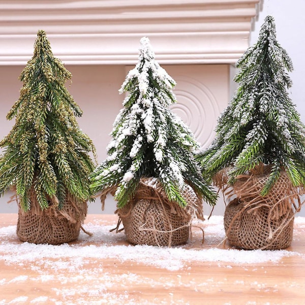 Bordsskiva Miniatyr Cedar Tree Mini Julgran med Jutesäckbas Borddekoration Vinter Heminredning Vit