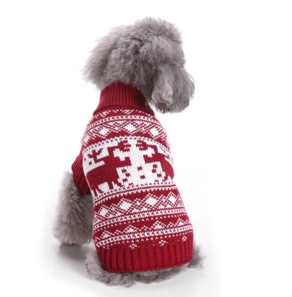 M, Red Dog Sweater with Jacquard Pattern, Knitted Model for Pets