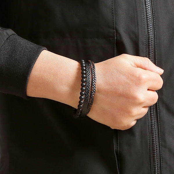 Läderarmband med pärlor för män, Naturliga pärlor, Armband i stål och läder för män Julgåva
