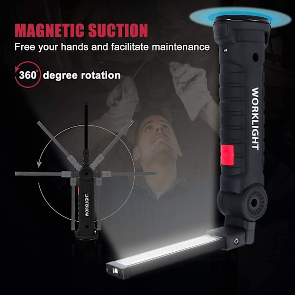 Genopladelig LED Arbejdslys, LED Arbejdslys, Genopladelig LED Værkstedslys, Inspektionslys, Magnetisk Base Lommelygte 5 Tilstande Til Garage, Camping, E