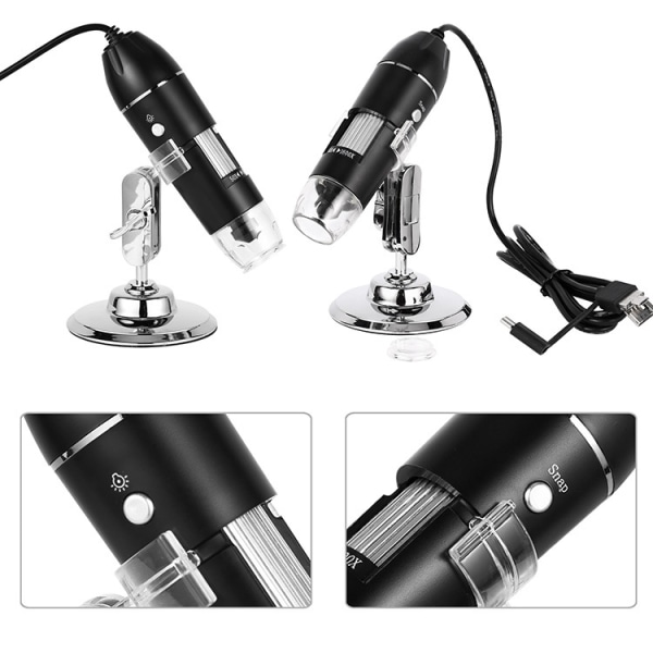 Håndholdt USB-lomme trådløst digitalt mikroskop, HD-fokusforstørrelsesglas med fast zoom med LED, (sort)