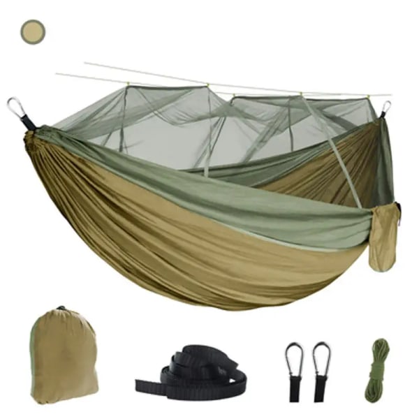 Campinghängmatta, bärbar dubbelhängmatta med nät, hängmattält för 2 personer med 2*10 fot remmar, bäst för vandring utomhus