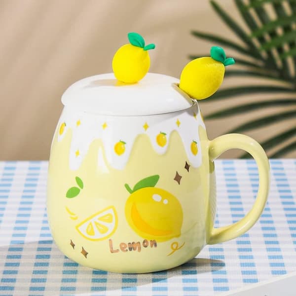Keramisk Mugg Citron Kaffekopp Vattenkopp med Lock och Sked